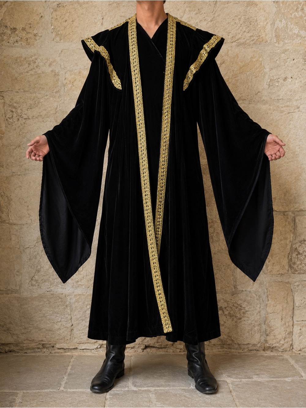 Medieval Renaissance Wizard Royal Black Velvet Robe with Gold Trim Cosplay Stage